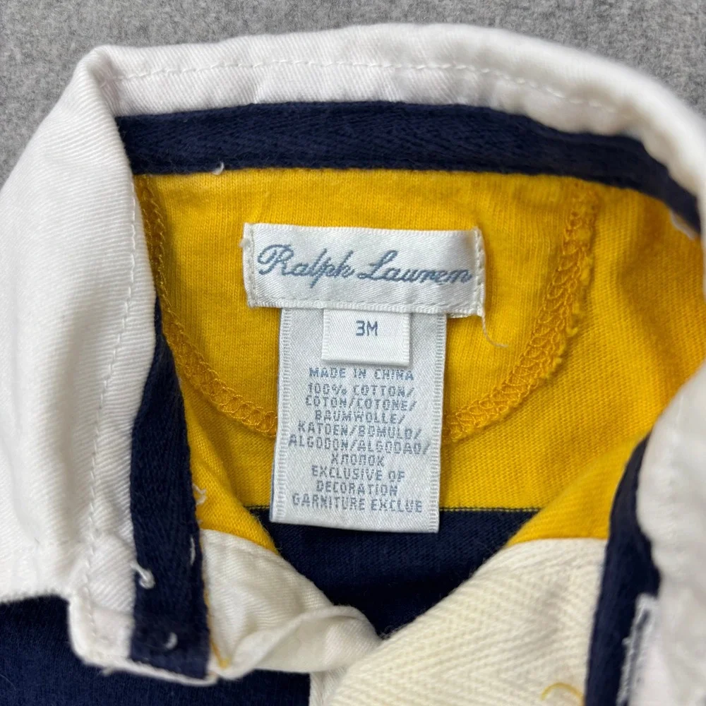 Ralph Lauren Baby Rugby‎ Romper Shortall 3M Yellow Navy Blue Short Sleeve Polo